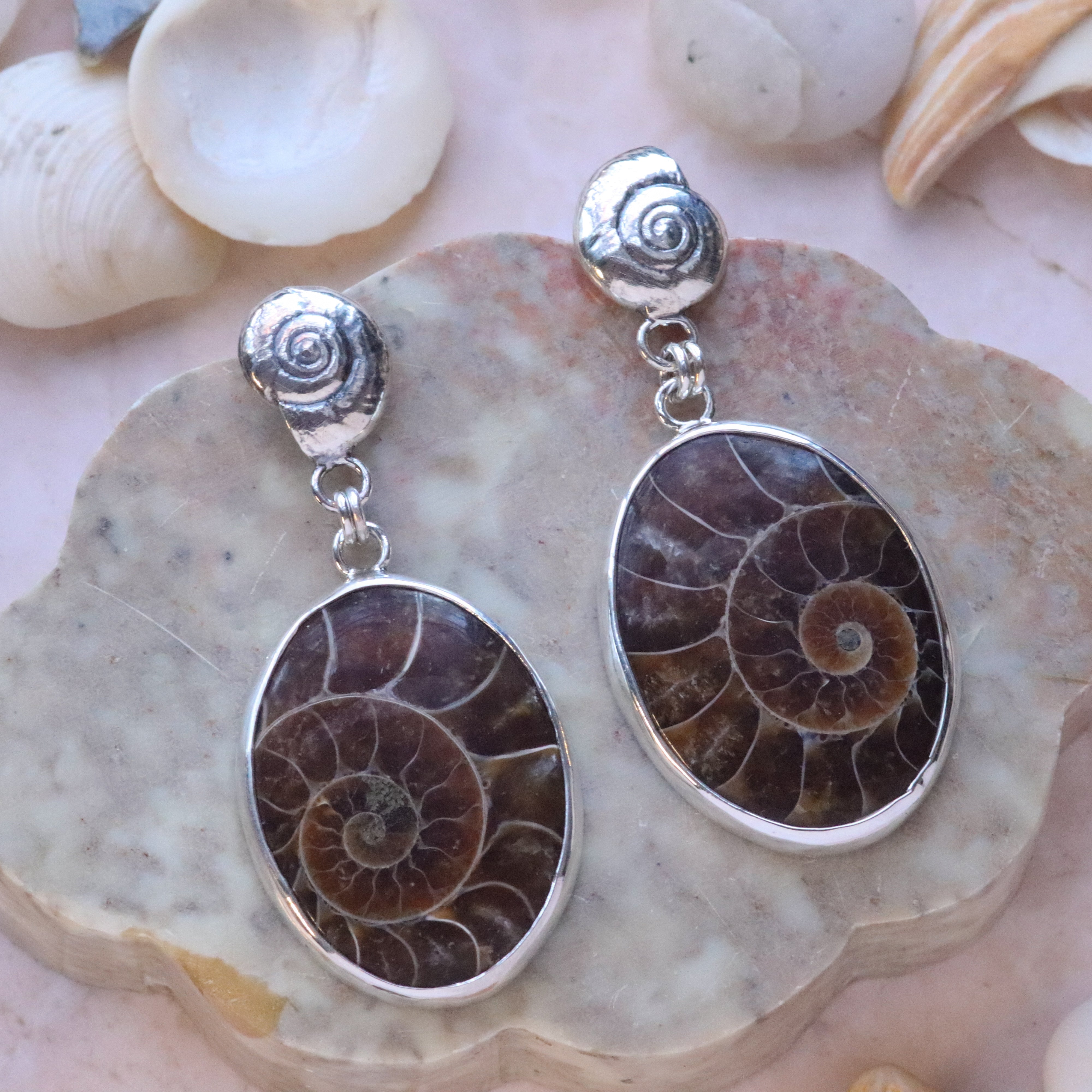 Fossilized Ammonite Earrings in Sterling Silver