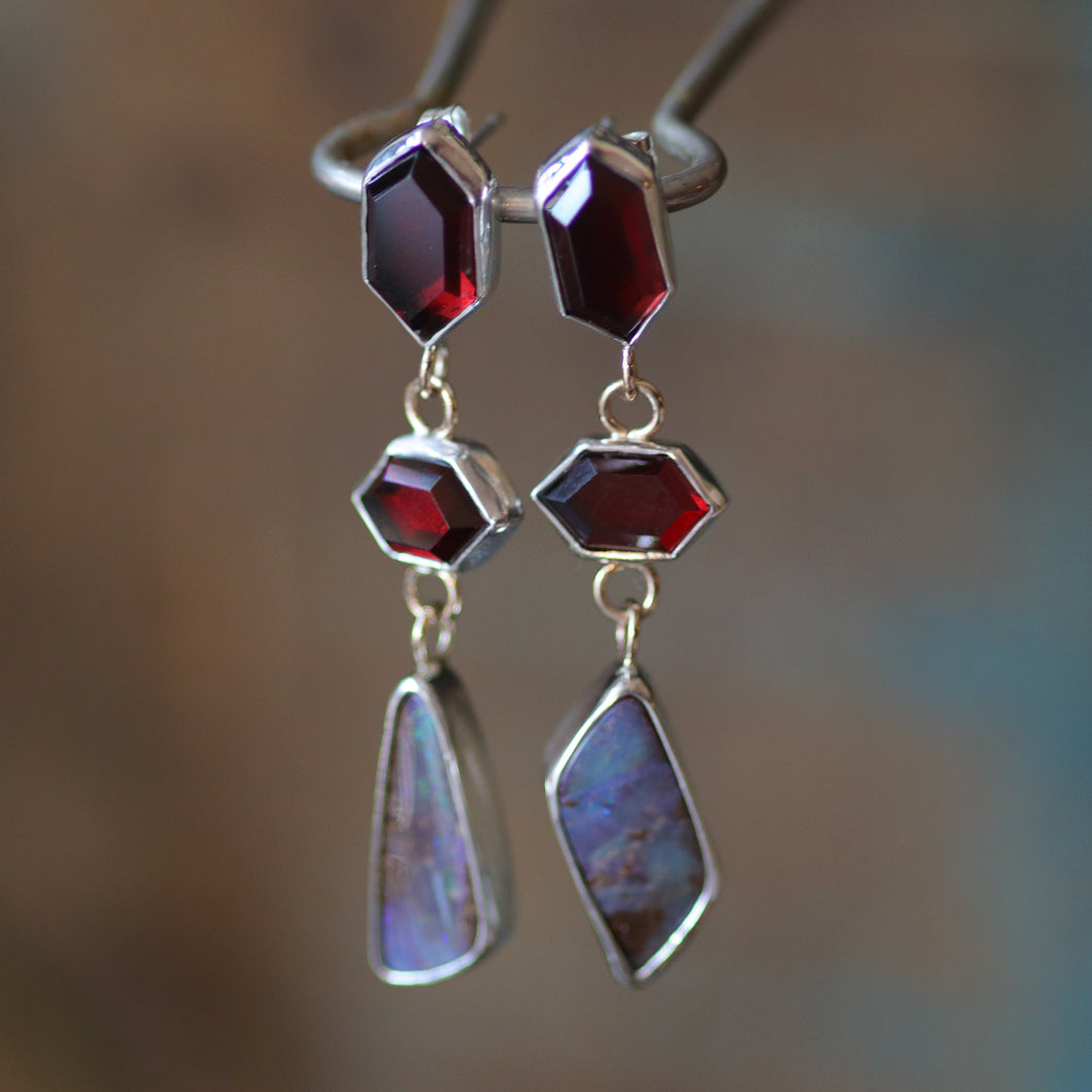 Sterling Silver and Gold Garnet and Opal Statement Earrings