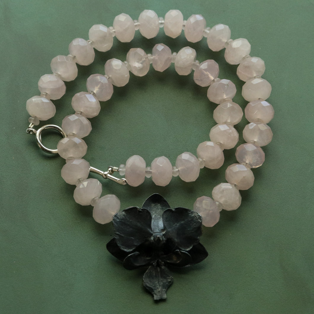 Rose Quartz Beaded Orchid Necklace in Sterling Silver