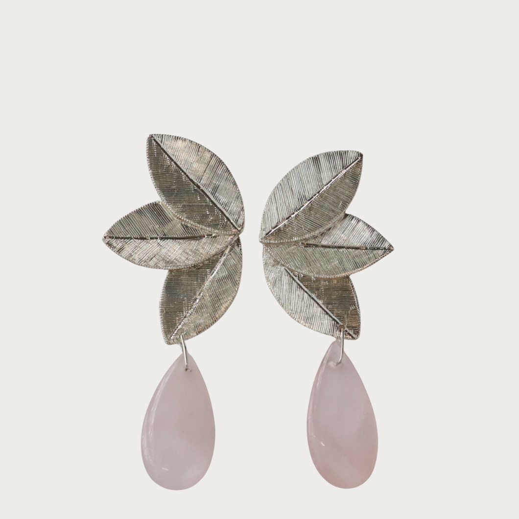 Rose Quartz Foliage Dangle Earrings in Sterling Silver