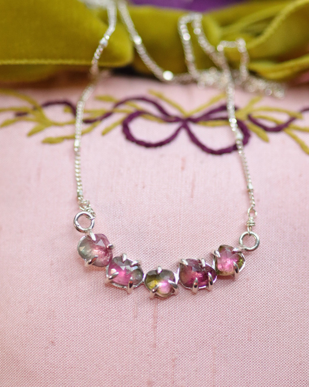 Sterling Silver Watermelon Tourmaline Oruga Necklace