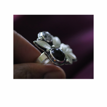 Load image into Gallery viewer, Sterling Silver Onyx, Dendritic Opal and Sapphire Foliage Ring- Size 8

