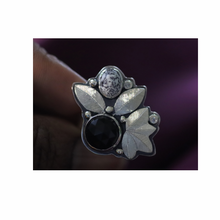 Load image into Gallery viewer, Sterling Silver Onyx, Dendritic Opal and Sapphire Foliage Ring- Size 8
